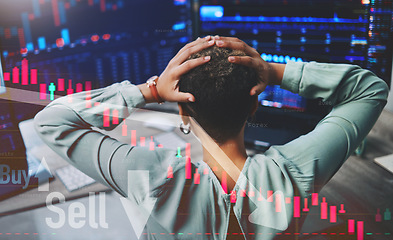 Image showing Finance, woman and hand on head with back for stock market, stress or software glitch in office. Cryptocurrency, person and double exposure with bad investment, financial crisis or trading with web