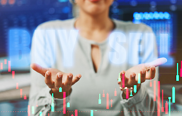 Image showing Woman, hands and hologram with stock market for trading in overlay for money, risk or investment. Person, gesture and digital for online, profit or payment with lines, chart and growth in finance