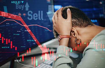 Image showing Woman, stress and banking of stock market, crash or financial crisis in overlay on computer. African, person and headache in trading, digital or fintech for lines, chart and money risk for investment