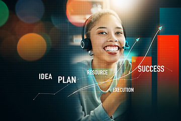 Image showing Happy woman, call center and trading for advice on investment, planning or profit on overlay at office. Female person, broker or financial advisor smile with headphones for stock market help or plan