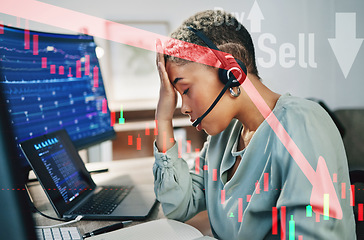 Image showing Fail graphic, headache and a woman at a call center for finance stress or telemarketing burnout. Fatigue, contact us and overlay or a customer service employee with anxiety from online economy stats