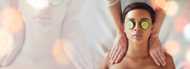 Image showing Woman, massage and spa banner with cucumber skincare, eyes wellness and beauty on double exposure. Person relax from above with natural skin care, muscle healing and facial treatment for peace