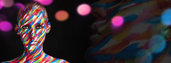 Image showing Woman, beauty paint and double exposure portrait with creative art, makeup and colorful cosmetics in studio. Painting and rainbow design with mockup space and bokeh with model and color splash