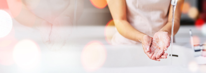 Image showing Washing hands, person and bathroom with hygiene morning and water with mockup space. Cleaning, home and soap with skincare, bacteria protection and wash in a house with care and bokeh from wellness