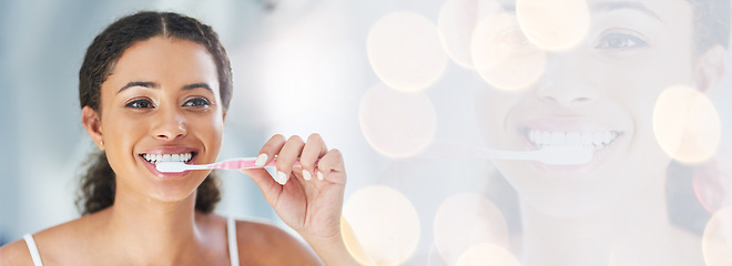 Image showing Happy woman, brushing teeth and smile for banner or dental hygiene, morning routine or bokeh. Female person or model cleaning mouth, oral and gum care with toothbrush or double exposure mockup