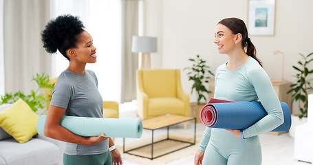 Image showing Personal trainer, yoga and women talking in home for wellness, healthy body and support. Fitness friends, living room and people in conversation with gym mat for pilates, exercise and mindfulness