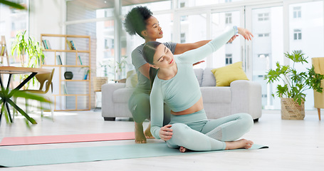 Image showing Personal trainer, yoga and women in living room stretching for wellness, healthy body and fitness on floor. Friends, home and people on gym mat for pilates, exercise and support for balance or muscle