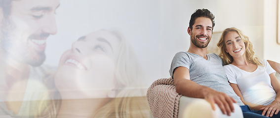 Image showing Portrait, love and happy couple relax, care and home bonding, romance or connect together in holiday house. Mockup space, lounge sofa and banner man, woman or marriage people support, smile and trust