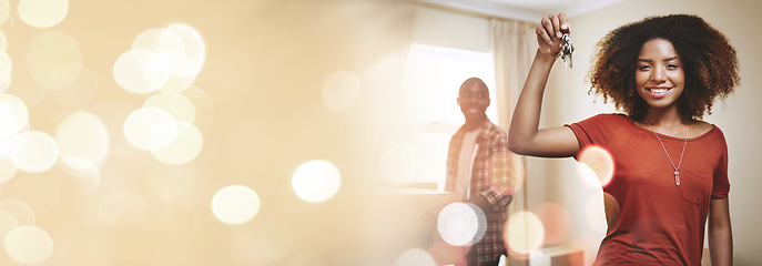 Image showing Portrait, mockup or black woman with house key in new home for investment, property or real estate. Couple, bokeh or African man with a happy person in apartment with loan success, goal or security