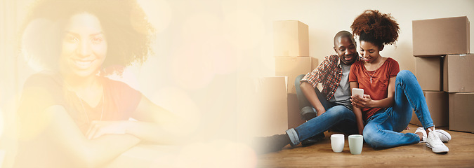 Image showing Couple, moving and happy on phone in home, browse and online search for furniture on floor. Diversity people, banner and overlay on boxes, real estate and investment in mortgage in double exposure