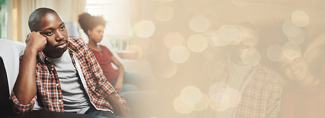 Image showing Couple, angry and silent divorce after argument on sofa, fail and banner in marriage, mad and conflict. Unhappy black people, fight and upset in toxic relationship, bokeh or overlay on breakup