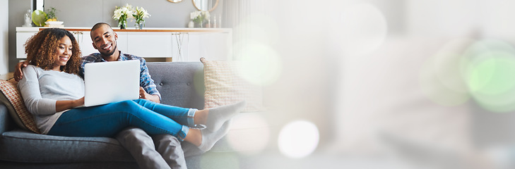 Image showing Couple, sofa and laptop for internet, home streaming service and online planning or website information with banner space. Man and woman relax with computer for film or movies in living room overlay