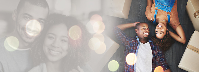 Image showing Bokeh, success or happy couple in new home for real estate for investment in property or apartment. Smile, relax or excited black man with a biracial woman on house floor with loan, goal or security