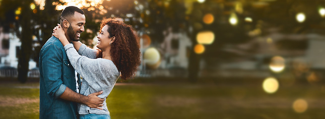 Image showing Park, love and happy couple relax, hug and outdoor bonding, romance and connect on nature date. Natural mockup space, eye contact and banner man, woman or marriage people embrace, smile and trust