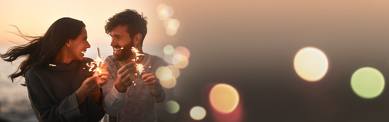 Image showing Happy couple, sparkle and love by the beach with mockup space and bokeh with travel and smile. Travel, holiday and anniversary with freedom at sunset by the sea and ocean on vacation with joke