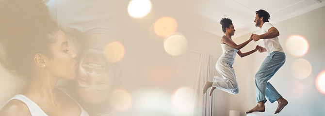 Image showing Double exposure, jumping and couple on bed for love and playing together in the morning in a bedroom for happiness. Kiss, care and playful happy man excited with woman in a home with romance