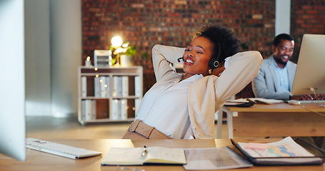 Image showing Woman, call center, and computer in office, relax and customer service for telemarketing, CRM agent or employee. Technical support, night shift and consultant for talking, consulting and workplace