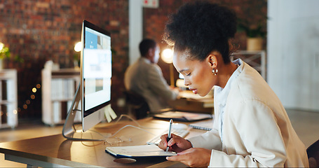 Image showing Black woman, writing and notes or planning in coworking office with journal and work schedule in a notebook. Working, female professional and proposal or writer ideas for blog and tech article