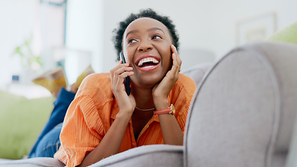 Image showing Relax, phone call or happy black woman on couch in communication in house living room. Smile, mobile contact or excited African lady talking or speaking of gossip in discussion or connection on sofa