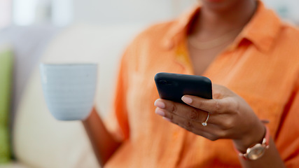 Image showing Social media, hands or woman with coffee or phone for online chat, network or communication. Internet, tea drink closeup or person on a mobile app for notification, update or message to relax at home