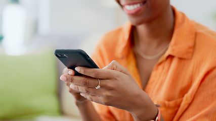 Image showing Phone, hands and woman typing in home, reading social media notification and update subscription app. Closeup, smartphone and download mobile games, search digital network and online contact