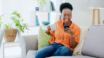 Image showing Coffee, woman and laugh with phone on sofa, reading social media post and mobile chat at home. Happy african person drinking tea, scroll multimedia connection and funny meme online with smartphone