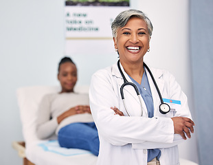 Image showing Happy senior woman, portrait and doctor with arms crossed for professional healthcare at hospital. Mature female person, nurse or medical surgeon smile with patient for checkup appointment at clinic