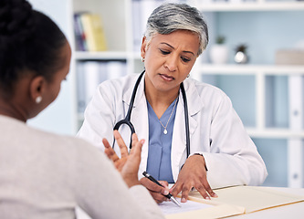 Image showing Senior doctor, patient and writing prescription, diagnosis or notes for checkup, results or consultation at hospital. Mature female person, medical or healthcare filling paperwork or life insurance