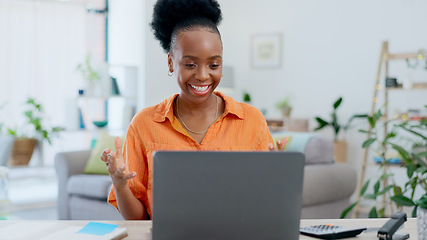 Image showing Woman, laptop and video call for work from home, planning and webinar discussion in freelancer marketing career. Happy African worker talking on computer or virtual, online meeting in her living room