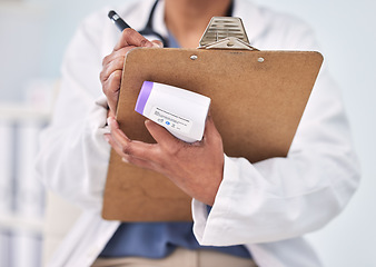 Image showing Person, doctor and writing on clipboard for prescription, diagnosis or results with thermometer at hospital. Closeup of medical nurse or surgeon taking notes, temperature or appointment at clinic