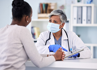 Image showing Senior woman, doctor and tablet with patient in consultation, checkup or diagnosis with mask at hospital. Mature female person, medical nurse or surgeon consulting customer with technology at clinic