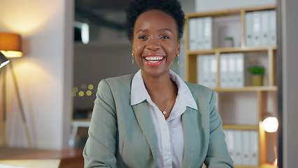 Image showing Portrait, office and black woman with a smile, business and insurance agent with a career, startup and entrepreneur. Face, African person or employee in a workplace, mission and ambition with success