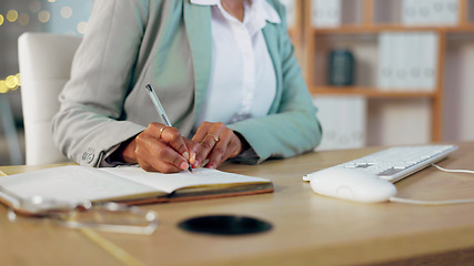 Image showing Person hands, writing schedule in notebook and planning, reminder or information at office with agenda and notes. Business, calendar or strategy with research, productivity with checklist and journal