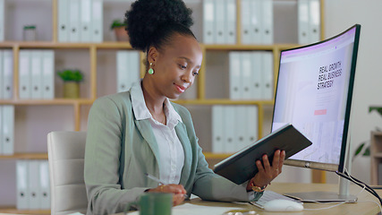 Image showing Business, planning and black woman with a tablet, computer and notebook with a project, brainstorming and development. African person, worker and employee with a pc, technology and internet with app