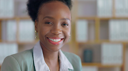 Image showing Portrait, leadership and business black woman manager in an office at night for corporate or professional work. Face, management and smile with a happy young CEO or boss in a suit at the workplace