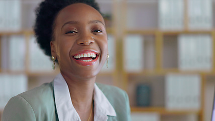 Image showing Portrait, laughing and business black woman manager in an office at night for corporate or professional work. Face, management and funny with a happy young CEO or boss in a suit at the workplace