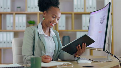 Image showing Black woman, planning and tablet with research, strategy or development in business and project. Reading, report and entrepreneur with startup review, analysis and excited for profit growth or goals