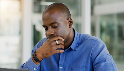 Image showing Businessman, stress and thinking in office, burnout and anxiety for problem, issue and profession. Black person, frustrated and worry for deadline, mistake and pressure or overwhelmed or overworked