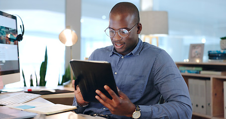 Image showing Businessman, black man and tablet for research, planning and networking in modern office with glasses. Face, african person and touchscreen for reading, technology and digital marketing at workplace