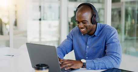 Image showing Businessman, laptop and headset by listening to music, podcast or radio for wellness while working. Black person, consultant or employee for typing, report or internet by email for message to client