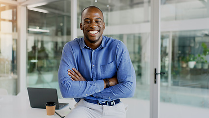 Image showing Portrait, business and black man with a smile, arms crossed and employee with startup, office and professional. Worker, corporate and career with consultant, funny and entrepreneur in a workplace