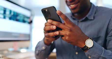 Image showing Businessman, phone and hands typing in social media, communication or networking at office. Closeup of male person smile on mobile smartphone app for online chatting, texting or research at workplace