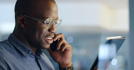 Image showing Man, phone call and tablet for reading in office, investing agency or night for deal, networking or fintech. African trader, touchscreen and black business owner for research, ideas or stock market