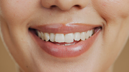 Image showing Woman, smile and closeup in studio for dental wellness, beauty and change with cosmetics by background. Girl, teeth whitening and happy for clean mouth, health and zoom for oral care with hygiene