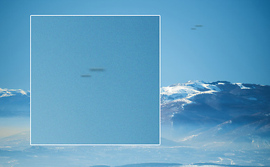 Image showing Futuristic, ufo and surreal or object in the sky with science fiction, fantasy or conspiracy theory search. Alien, supernatural or spaceship with mysterious, extraterrestrial flying saucer in space