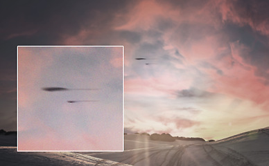 Image showing Ufo, extraterrestrial or blur spaceship in sky with science fiction, fantasy or countryside search. Alien, supernatural or surreal object for futuristic, mysterious and flying saucer in outer space