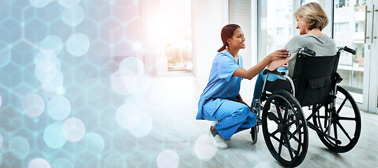 Image showing Patient with disability, nurse and advice in hospital for healthcare, wellness and medicare. Medical professional, bokeh and overlay in mockup, physiotherapy and happy for discussion or consulting