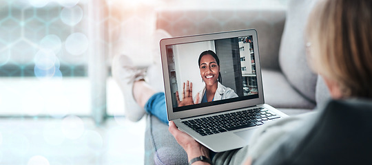 Image showing Doctor, video call and consult on laptop for communication on banner, bokeh and overlay in mockup for medicare. People, face and talk in hospital for health, patient and telehealth consulting