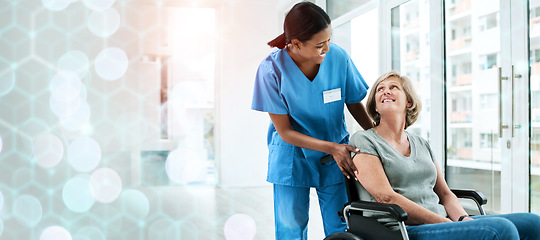 Image showing Patient with disability, nurse and smile in wheelchair for healthcare, wellness and medicare. Medical professional, bokeh and overlay in mockup, physiotherapy and happy, assistance and insurance