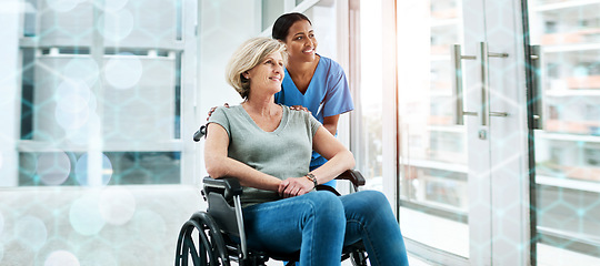 Image showing Patient with disability, nurse and smile in clinic for healthcare, wellness and medicare. Medical professional, bokeh and overlay in mockup, physiotherapy and happy, assistance and insurance